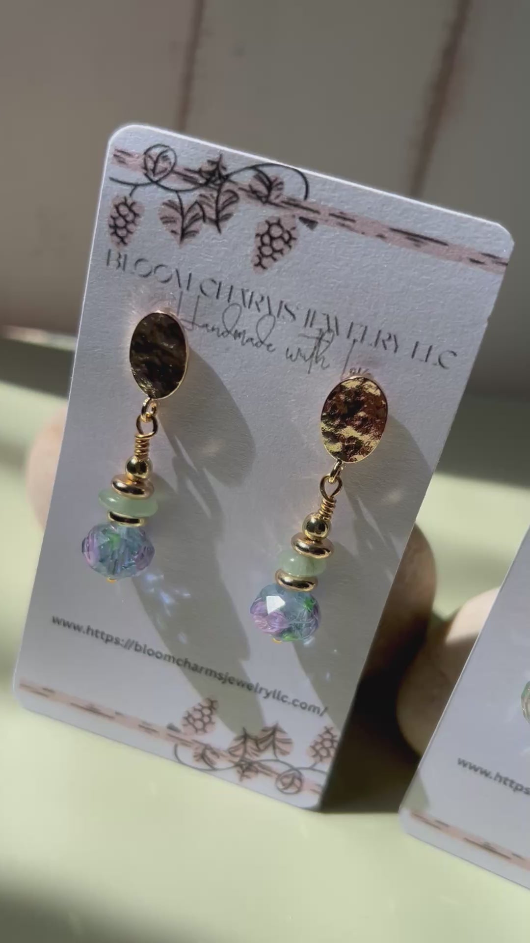 Garden Drop Earrings with Green Moonstone & Colorful 8mm Beads Gold-Tone Hooks Unique Jewelry Design